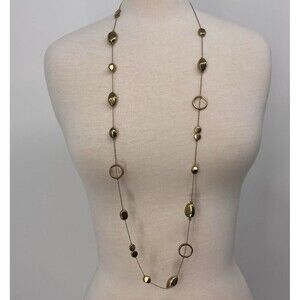 Gold Tone Geometric Necklace Long Chain Minimalist Circle Bead Modern Layering